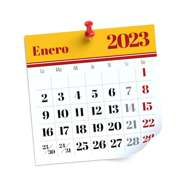 Calendario de enero de 2023 en idioma español aislado sobre fondo blanco Ilustración 3D