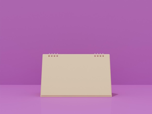 Calendario de escritorio amarillo, sobre fondo morado, representación 3D.