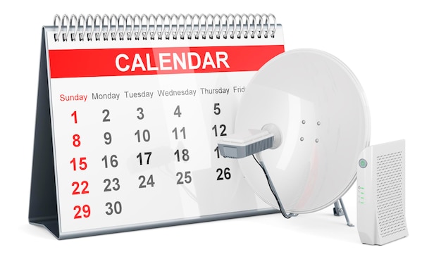 Calendario de escritorio y antena parabólica de comunicación con renderizado 3D de módem satelital