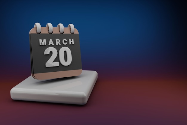 Calendario de escritorio con línea de mes negro y rojo con fecha 20 de marzo Diseño moderno con elemento dorado