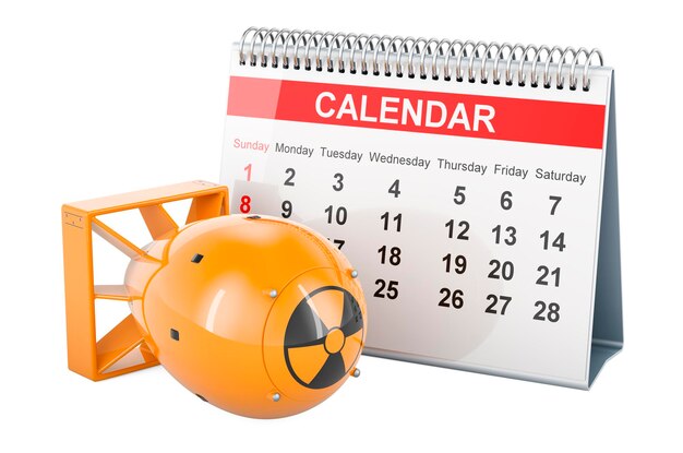 Calendario de escritorio con renderizado 3D de bomba atómica