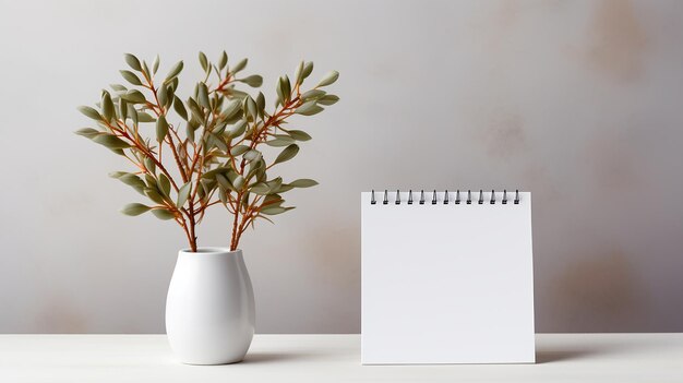 calendário espiral de papel em branco e plantas em vaso para modelo de maquete com parede cinza