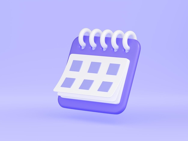Foto calendario con fecha 3d render ilustración organizador flotante púrpura con anillos y semana alineados