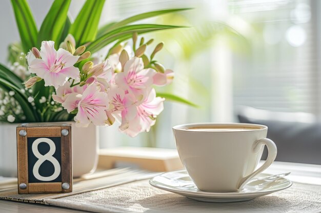 Calendario con fecha marzo flores y taza en la mesa de comedor celebración del Día Internacional de la Mujer