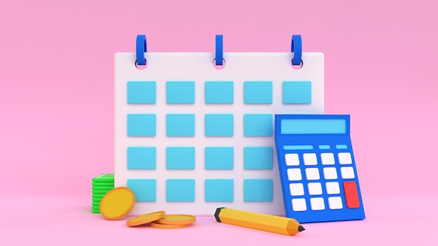 Calendario fiscal. Horario con lápiz, monedas, efectivo y calculadora. ilustración de procesamiento 3d