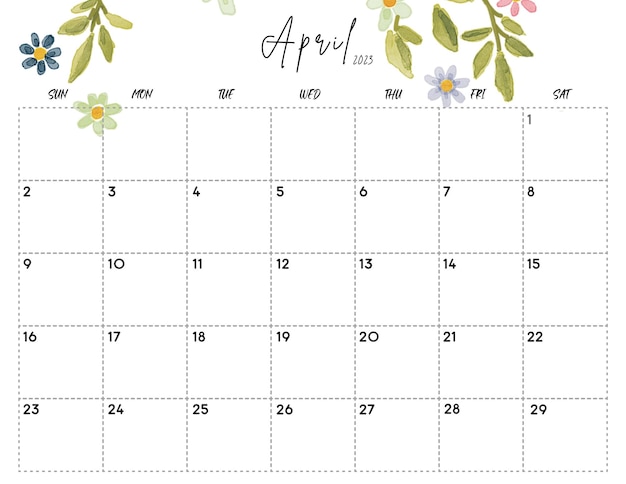 Calendário floral em aquarela de abril de 2023