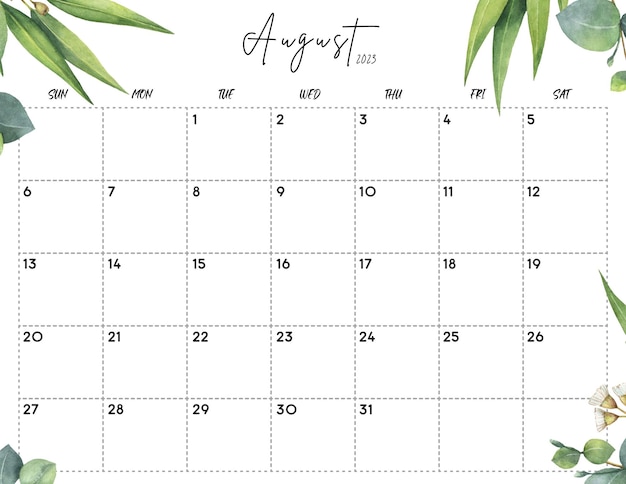 Calendário floral em aquarela de agosto de 2023