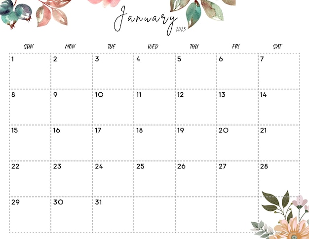 Foto calendário floral em aquarela de janeiro de 2023