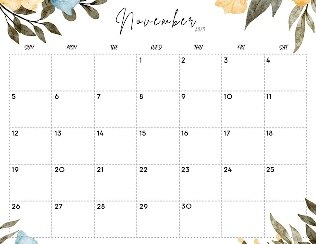 Calendário floral em aquarela de novembro de 2023