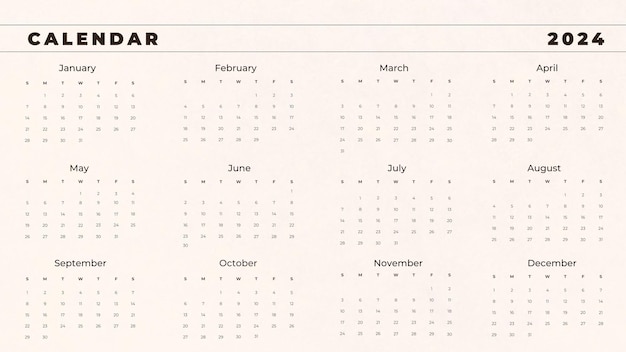 Calendário horizontal bege para 2024 Minimalista Calendário 2024