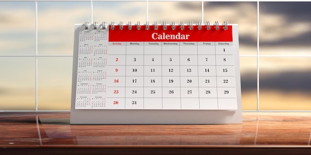 Foto calendario en una ilustración 3d de escritorio de madera