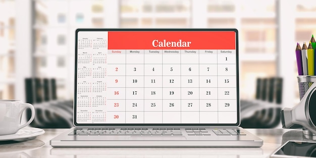 Calendario en una ilustración 3d de fondo de oficina de pantalla de computadora portátil