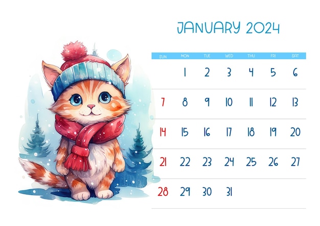 Calendario imprimible para el año 2024 con acuarela de bebé gato con sombrero