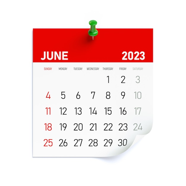 Calendario de junio de 2023 aislado sobre fondo blanco Ilustración 3D