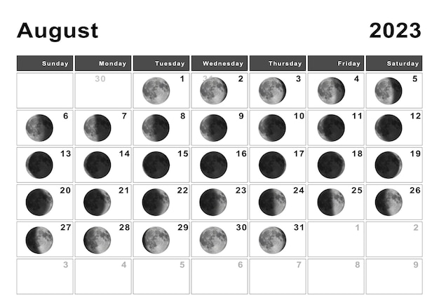 Foto calendário lunar de agosto de 2023, ciclos da lua, fases da lua