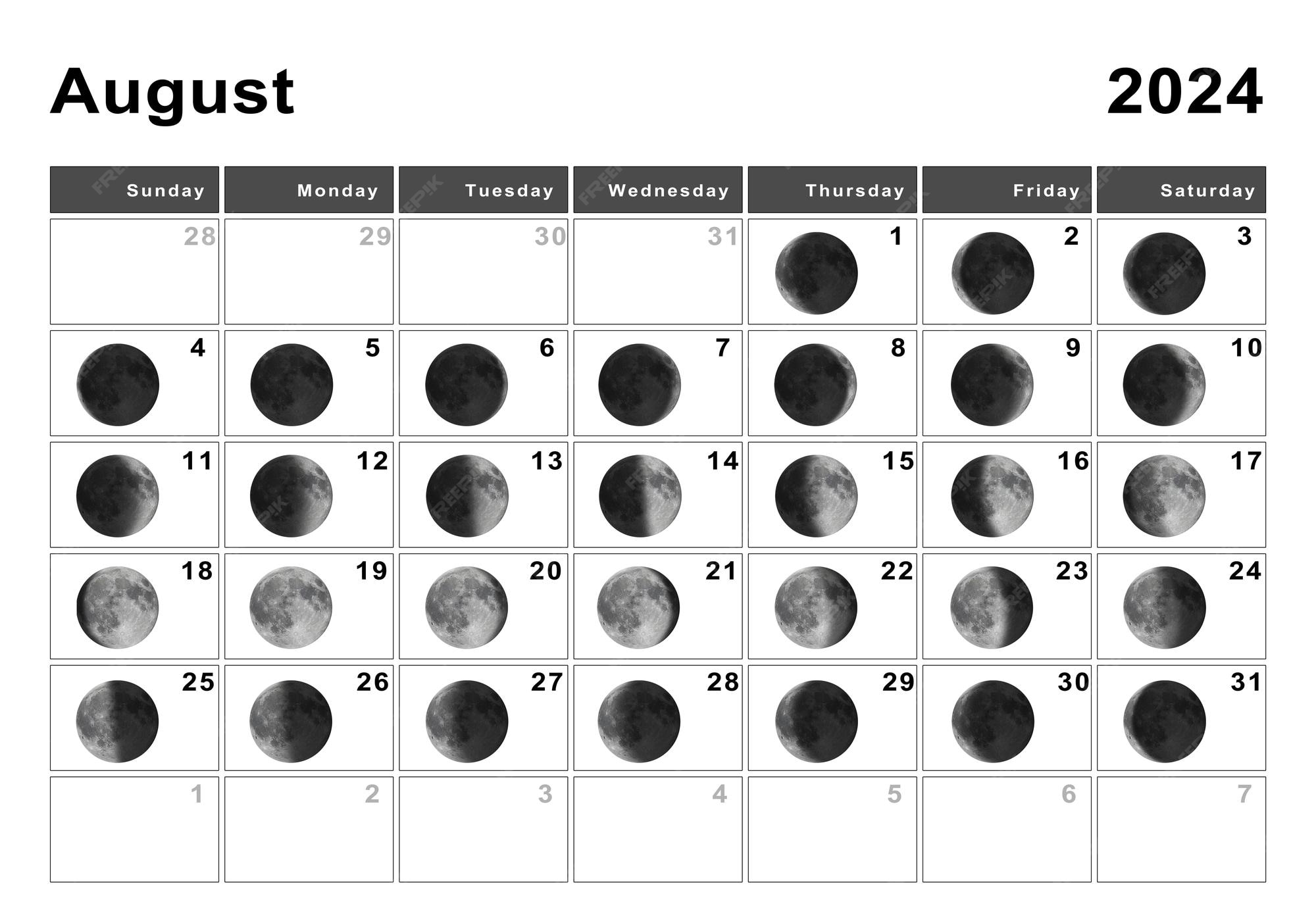 Calendário lunar de agosto de 2024, ciclos da lua, fases da lua Foto