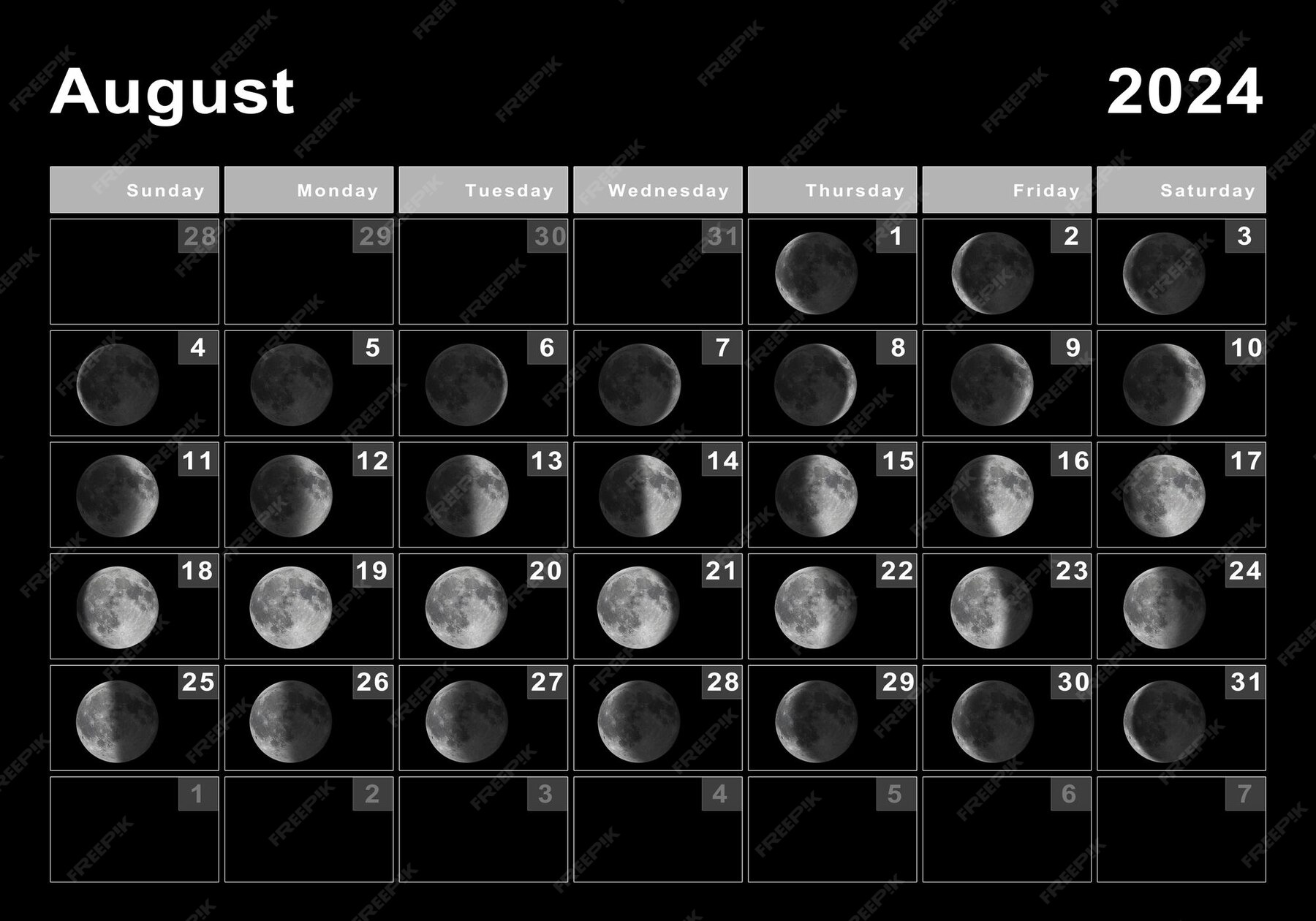 Calendário lunar de agosto de 2024, ciclos da lua, fases da lua Foto