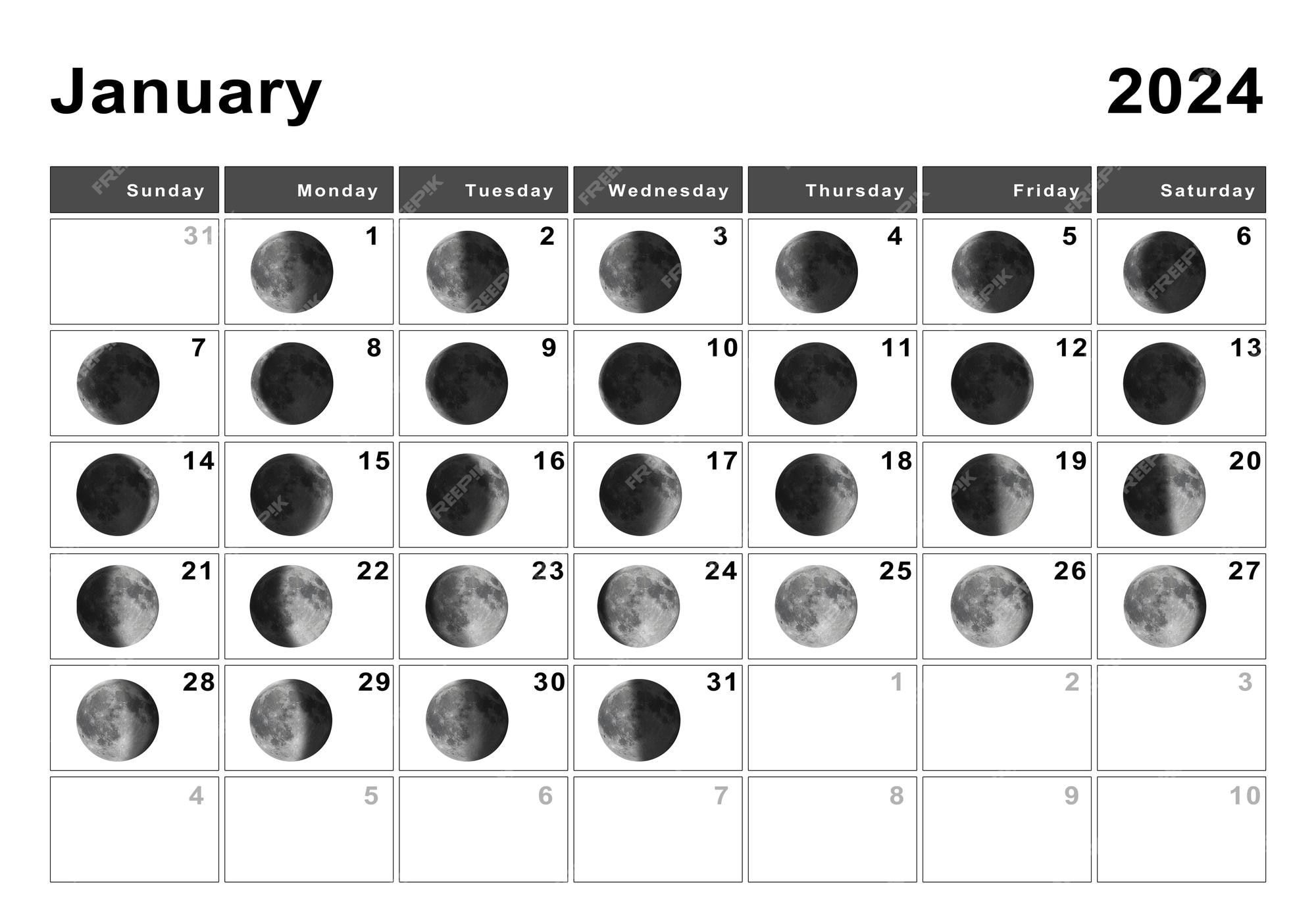 Calendário lunar de janeiro de 2024, ciclos da lua, fases da lua Foto
