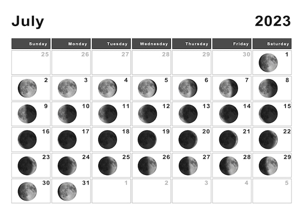 Calendário lunar de julho de 2023, ciclos da lua, fases da lua