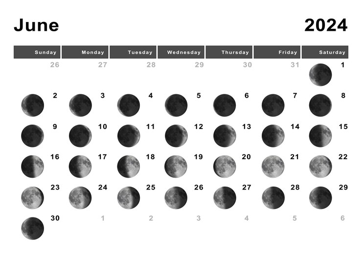 Calendário lunar de junho de 2024, ciclos da lua, fases da lua Foto