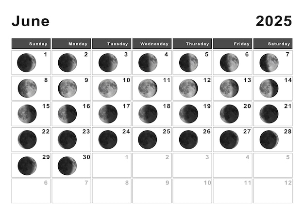 Foto calendário lunar de junho de 2025, ciclos da lua, fases da lua