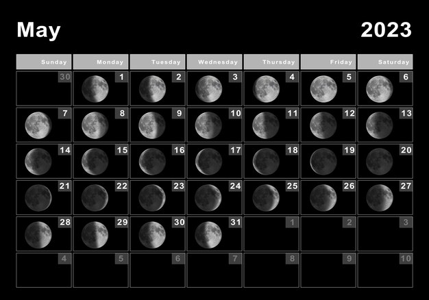 Foto calendário lunar de maio de 2023, ciclos da lua, fases da lua