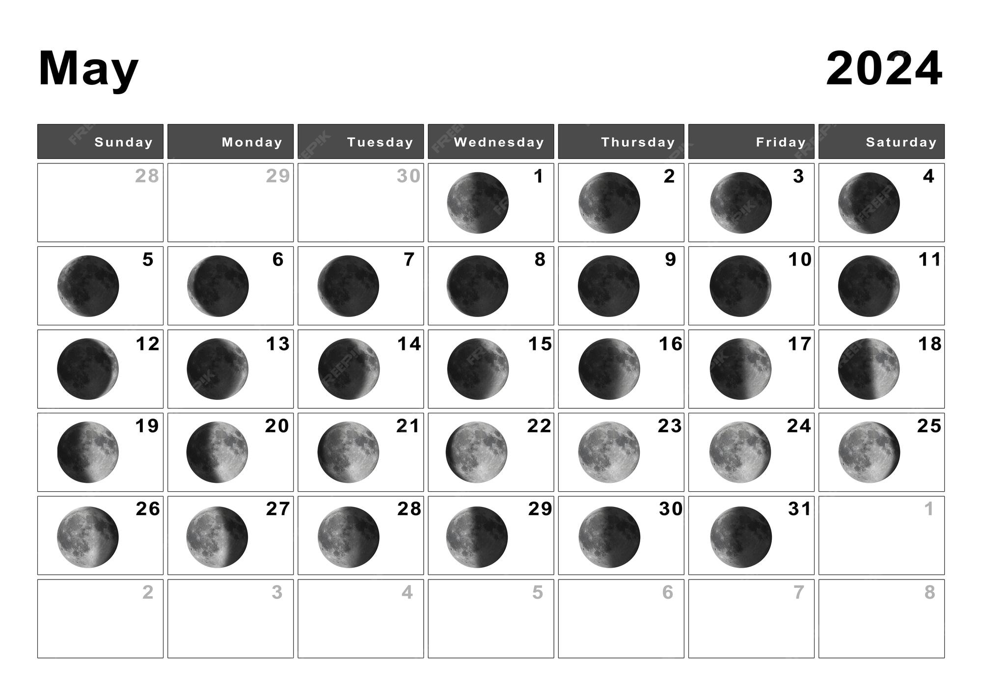 Calendário lunar de maio de 2025, ciclos da lua, fases da lua Foto