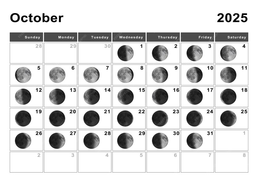 Calendário lunar de outubro de 2025, ciclos da lua, fases da lua Foto