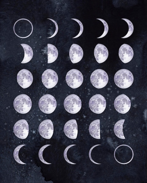 Calendário lunar em aquarela, fases da lua em fundo preto.