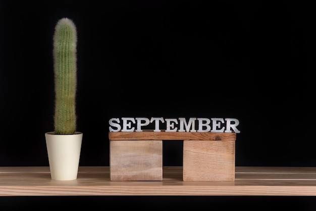 Calendario de madera de septiembre y cactus sobre fondo negro Mock up