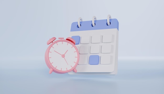Calendario marcado fecha y hora para recordatorio con icono de despertador 3D