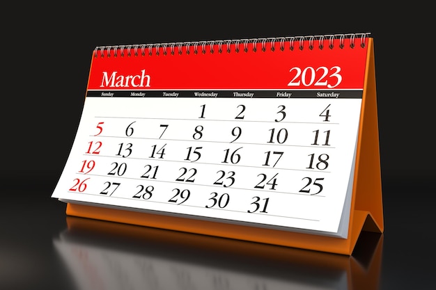 Calendario de marzo de 2023 aislado sobre fondo negro Ilustración 3D