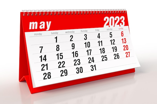 Calendario de mayo de 2023 aislado sobre fondo blanco Ilustración 3D