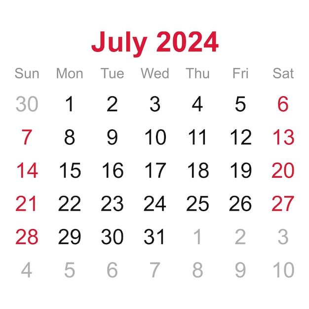 Calendário mensal de julho de 2024 em fundo branco