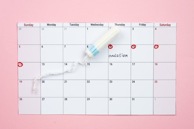 Foto calendário menstrual e tampão da mulher a mentir.