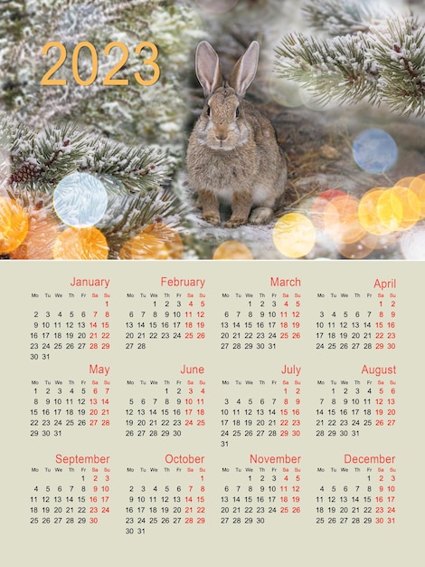 Calendario mensual con conejo para 2023 La semana comienza el lunes Lindo conejito entre ramas de abeto nevadas y luces bokeh