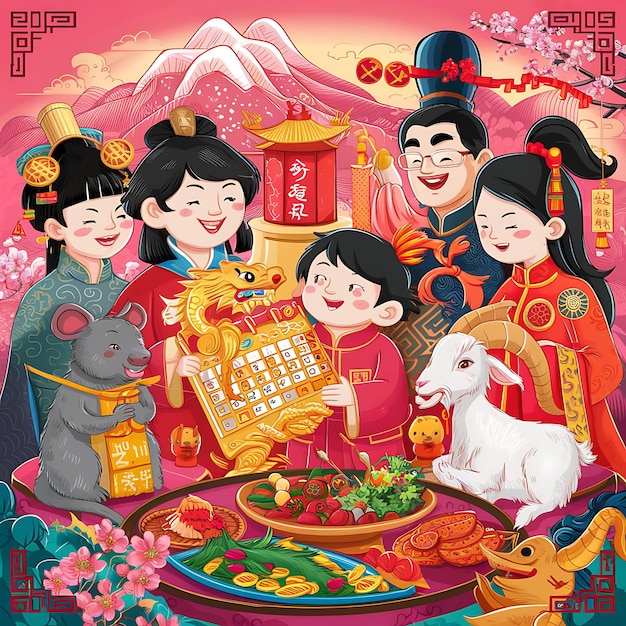 calendario de niños festival del dragón oro abuelo gráfico japonés año nuevo lunar japonés