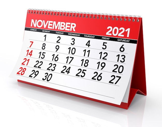 Calendario noviembre 2021. Aislado sobre fondo blanco. Ilustración 3D