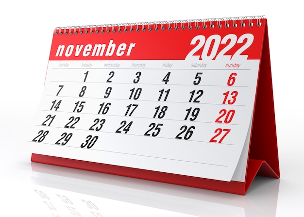 Calendario noviembre 2022. Aislado sobre fondo blanco. Ilustración 3D