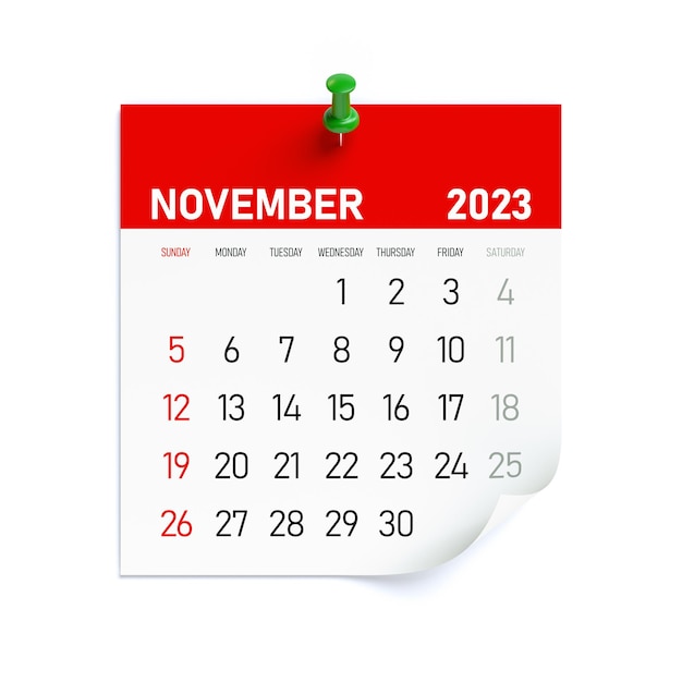 Calendario de noviembre de 2023 aislado sobre fondo blanco Ilustración 3D