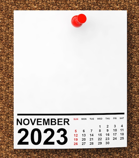 Calendario noviembre de 2023 en papel de notas en blanco con espacio libre para su representación 3d de texto