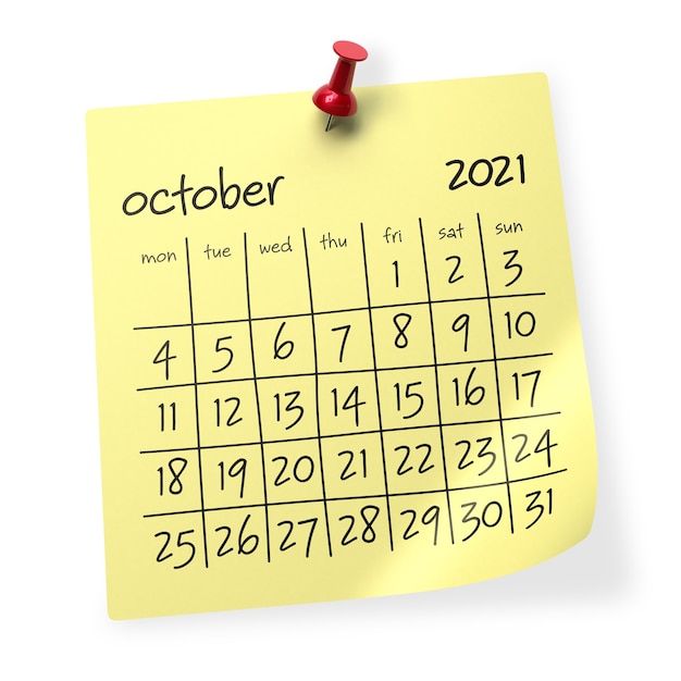 Calendario octubre 2021. Aislado sobre fondo blanco. Ilustración 3D