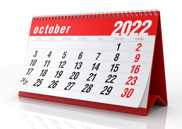 Calendario octubre 2022. Aislado sobre fondo blanco. Ilustración 3D