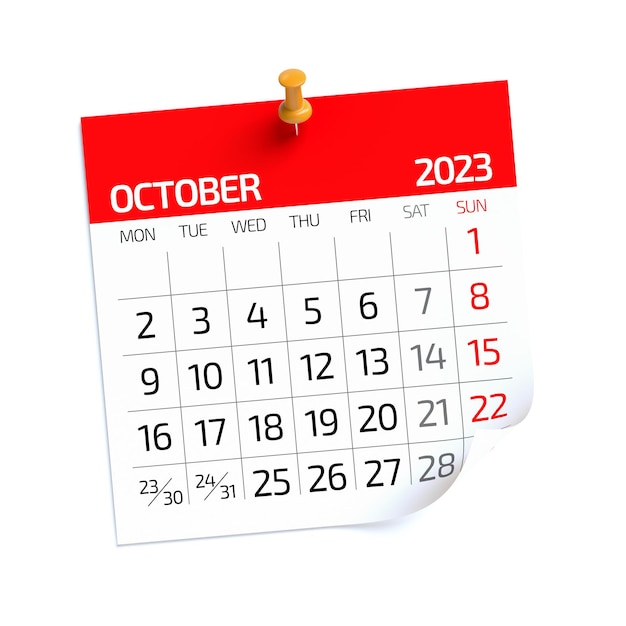 Calendario de octubre de 2023 aislado sobre fondo blanco Ilustración 3D