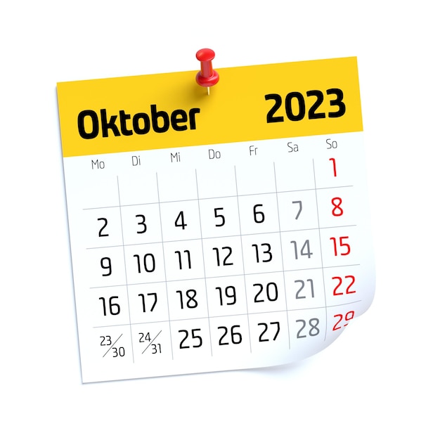 Calendario de octubre de 2023 en idioma alemán aislado sobre fondo blanco Ilustración 3D