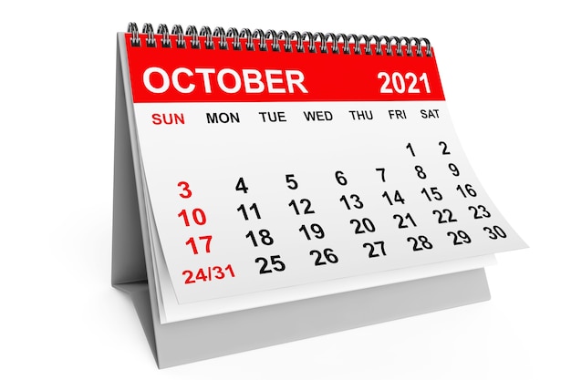 Calendario de octubre del año 2021 sobre un fondo blanco. Representación 3d