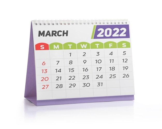 Calendario de oficina blanco de marzo 2022 aislado en blanco