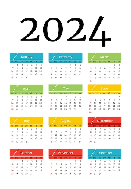 Calendário para 2024 isolado em um fundo branco Modelo de negócios de domingo a segunda ilustração vetorial
