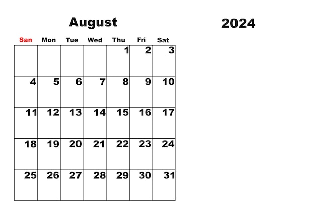 Calendário para agosto de 2024