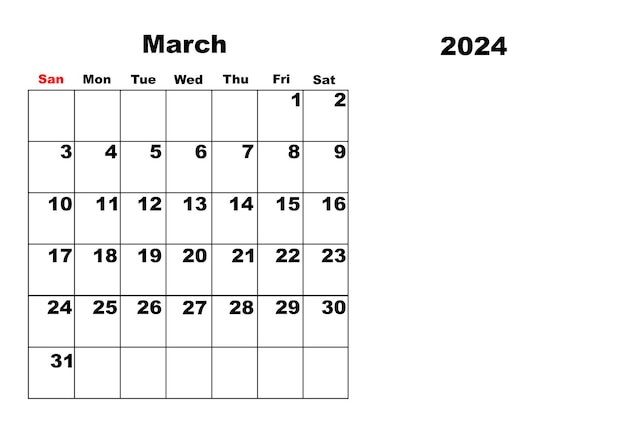 Calendário para março de 2024